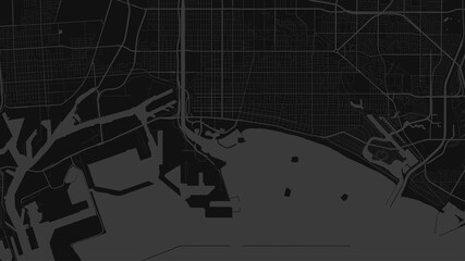 Dark grey and black Long Beach city area vector background map, streets and water cartography illustration.