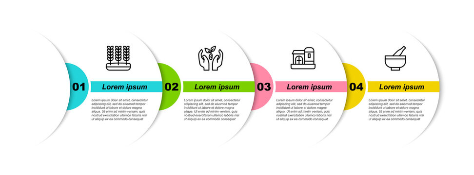 Set line Wheat, Plant in hand, Farm house and Mortar pestle. Business infographic template. Vector