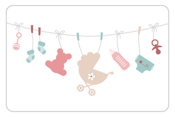 Geschenkkarte H&auml;ngende Babysymbole M&auml;dchen Rosa Mintgr&uuml;n