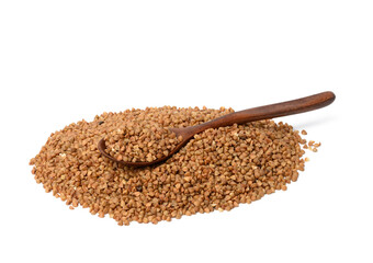 raw buckwheat grains in wooden spoon isolated on white background