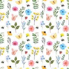 Pretty and cute floral seamless pattern with colorful wild flowers, bees and butterflies on white background. Watercolor wildflowers print for design. Hand painted botanical illustration.