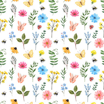 Pretty and cute floral seamless pattern with colorful wild flowers, bees and butterflies on white background. Watercolor wildflowers print for design. Hand painted botanical illustration.