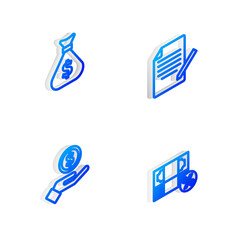 Set Isometric line Document and pen, Money bag, Hand giving money and percent icon. Vector