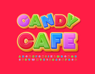 Vector colorful logo Candy Cafe. Delicious cake Font. Bright Donut Alphabet Letters and Numbers set