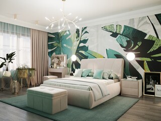 3d rendering of a luxury bedroom in a green interior wallpaper with floral ornaments - obrazy, fototapety, plakaty