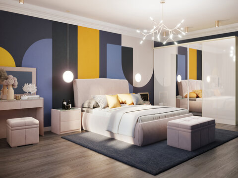 3d rendering of luxury bedroom in blue interior wallpaper with geometric ornament