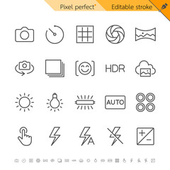 Fototapeta na wymiar Camera and photography settings thin line icon set for digital photo and capture tools. Pixel perfect. Editable stroke.