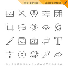 Photo editing tools thin line icon set for image adjustment and retouching. Pixel perfect. Editable stroke.