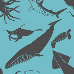 Seamless pattern with Blue Whale, Manta Ray and Squid. Vector illustration  - obrazy, fototapety, plakaty