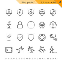 Safety thin icons. Pixel perfect. Editable stroke.