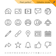 Social media and communication thin line icon set for online interaction and sharing. Pixel perfect. Editable stroke.