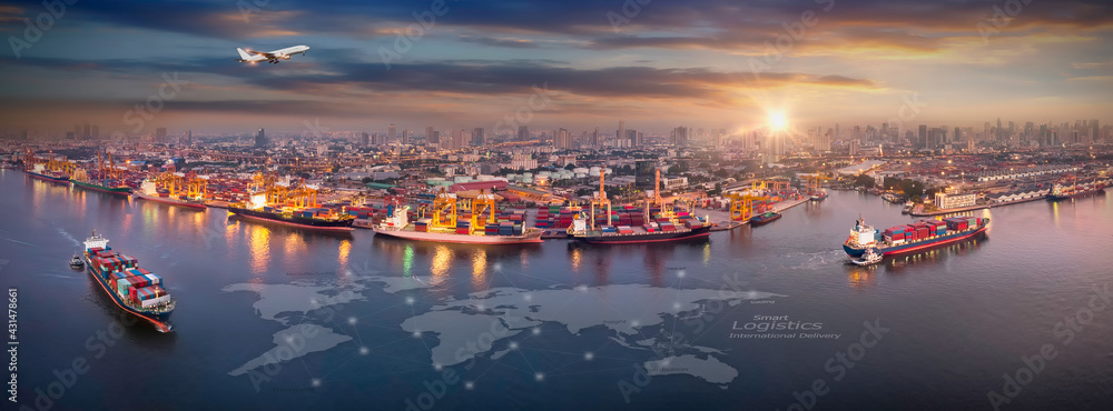 Wall mural aerial view and top view cargo plane flying above ship port in the export and import business and sm