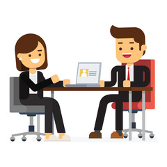 Business man and woman sit at the table