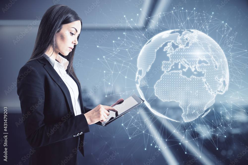 Aufkleber digital transformation and communication concept with businesswoman with digital tablet in hands and