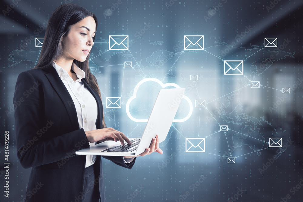 Aufkleber cloud technology and storage concept with businesswoman working on laptop at digital wall background
