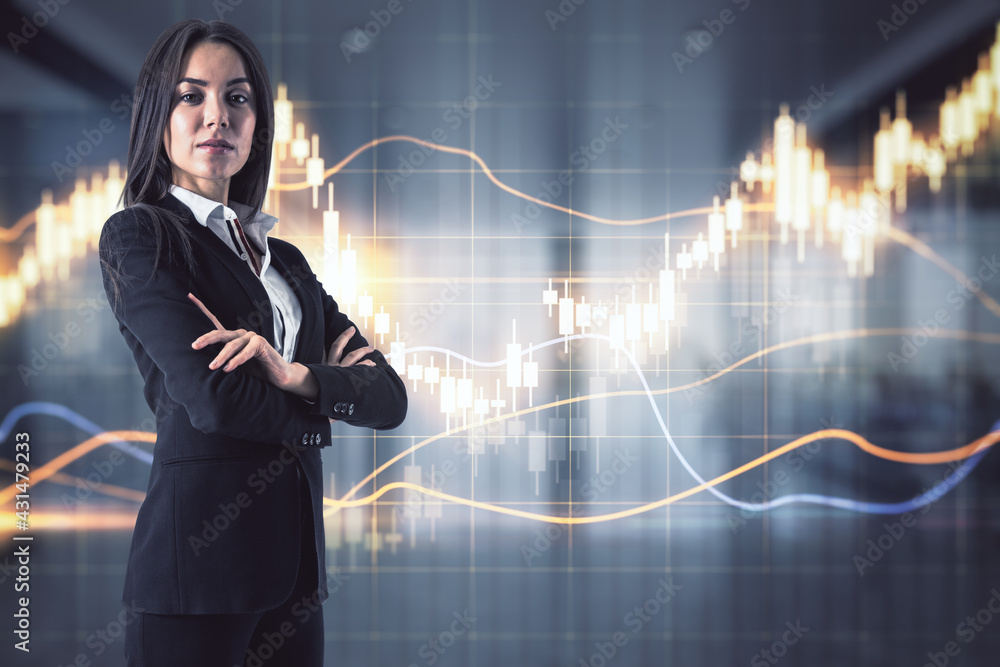Poster stock market concept with proud trader woman on digital screen background with glowing yellow and bl