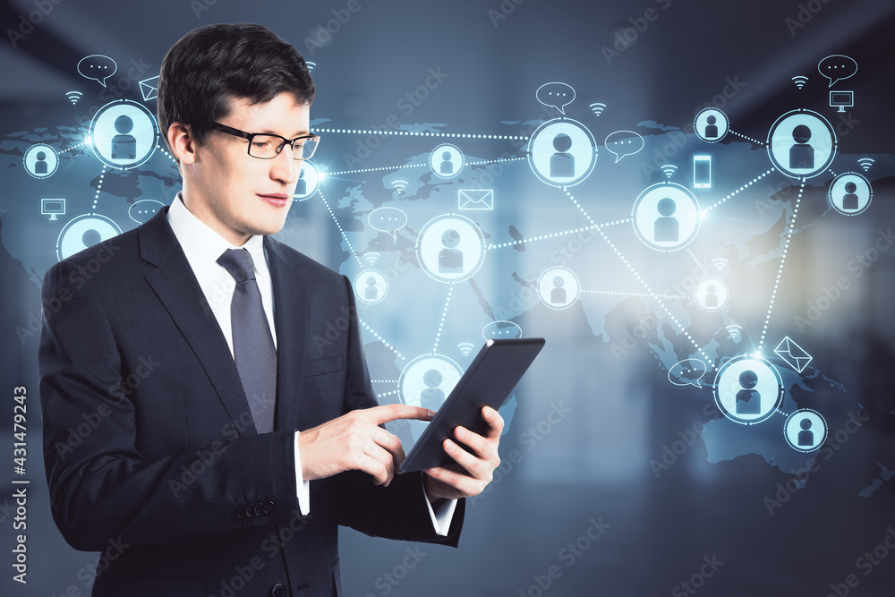 Poster Social network and head hunting concept with businessman working on digital tablet and virtual screen with social media icons connected by lines on background.