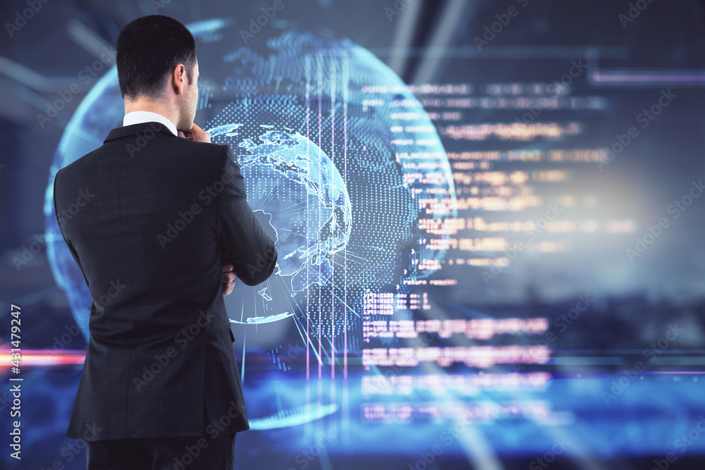 Poster Data base and coding concept with businessman back looking at digital screen with Earth planet layout and blurry coding.