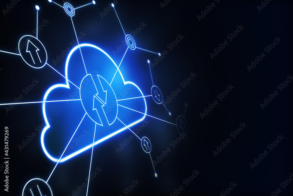 Poster Blank dark wallpaper with space for your logo and digital cloud icon with arrows on lines. 3D rendering, mockup