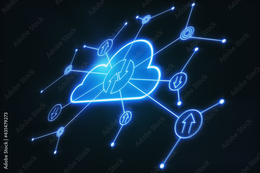 Poster perspective view on glowing digital cloud icon with arrows on abstract dark background, cloud servic