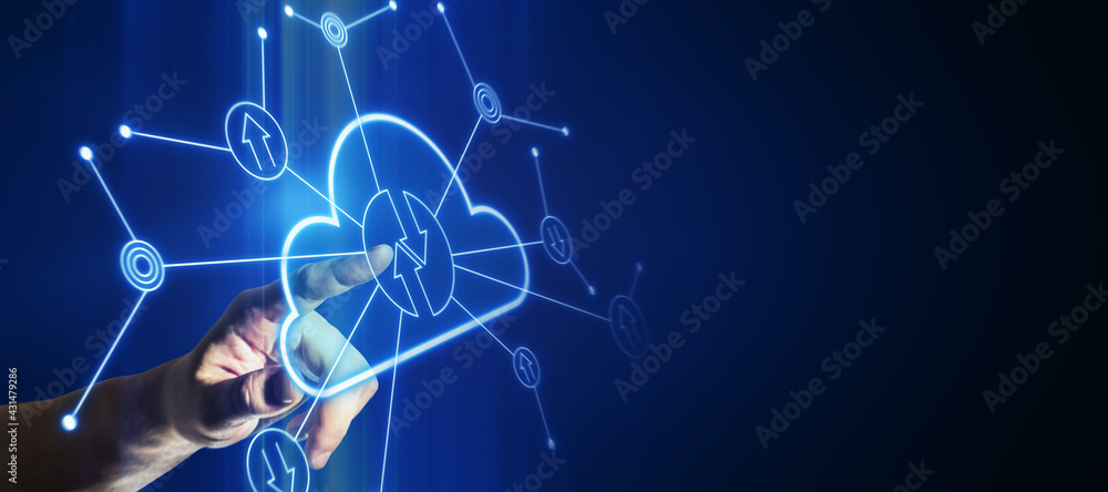 Aufkleber Data exchange and cloud service concept with man finger on digital touch screen with glowing virtual cloud sign and arrows in circles on dark background with copyspace. Mockup