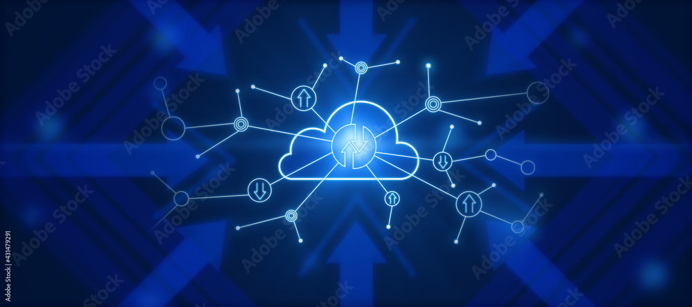 Poster Cloud computing concept with digital glowing cloud symbol with arrows and lines on abstract dark blue background