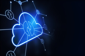 Blank dark wallpaper with space for your logo and digital cloud icon with arrows on lines. 3D rendering, mockup