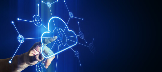 Data exchange and cloud service concept with man finger on digital touch screen with glowing...