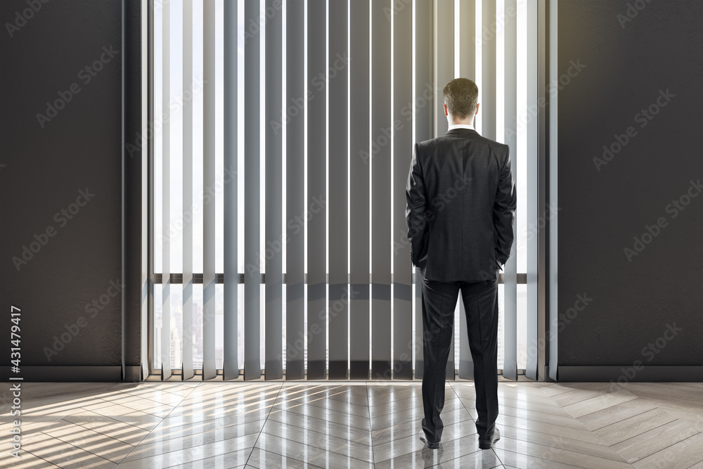 Poster businessman back view in empty stylish room with parquet floor in front of blinds on windows.