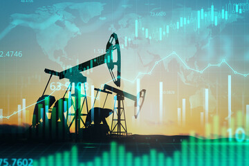 Oil industry quotes changes concept with stock market chart graphs screen on oil pump silhouettes....