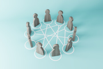 Communication and social network concept with human dark wooden figures standing in a circle on...