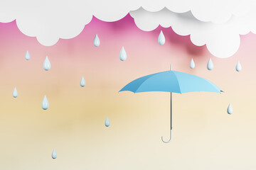 Safety and protection concept with blue umbrella under rain from white clouds on colorful background