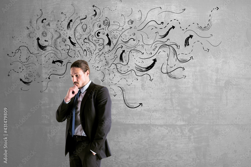 Aufkleber choice concept with pensive buisnessman on concrete wall background with black arrows directed in di