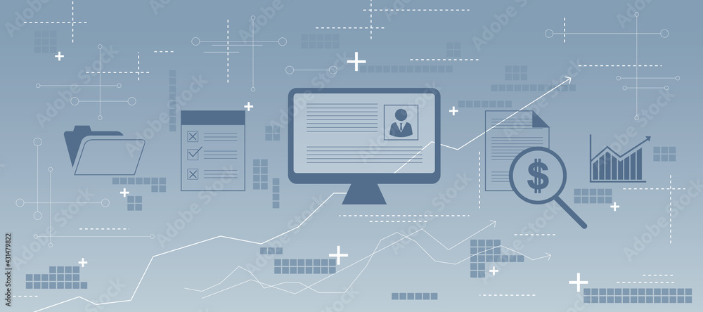 Fototapete big abstract cv form in a pc icon with different gears on a bright background. internet education an