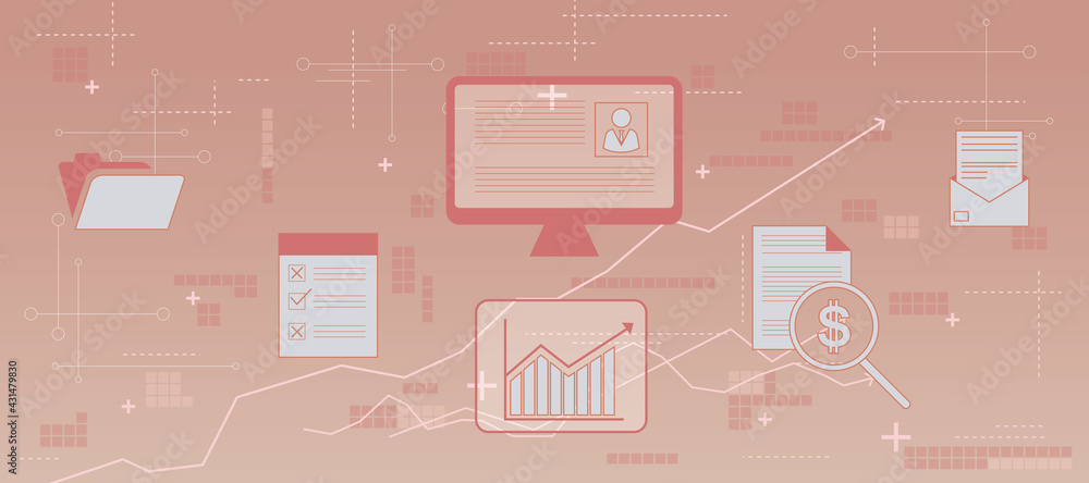 Poster big abstract cv form in a pc icon with different gears on an orange background. internet education a