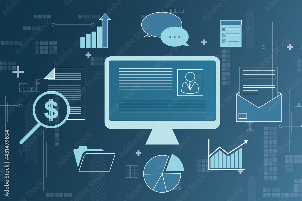 Poster big abstract cv form in a pc icon with different gears on a dark blue background, closeup. internet 