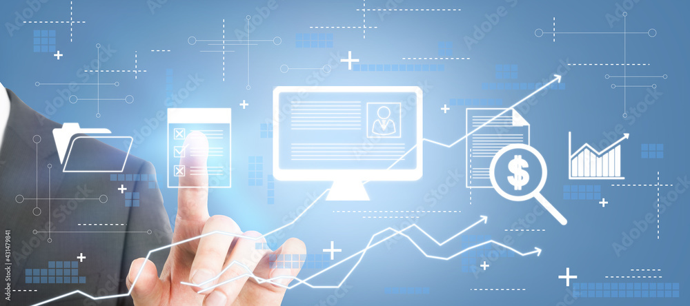 Poster businessman touches a list button with a big abstract cv form in a pc icon with different gears near