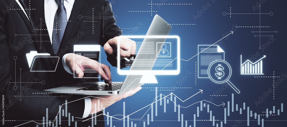 Aufkleber businessmen with a laptop make an analysis with a big abstract cv form in a pc icon with different g