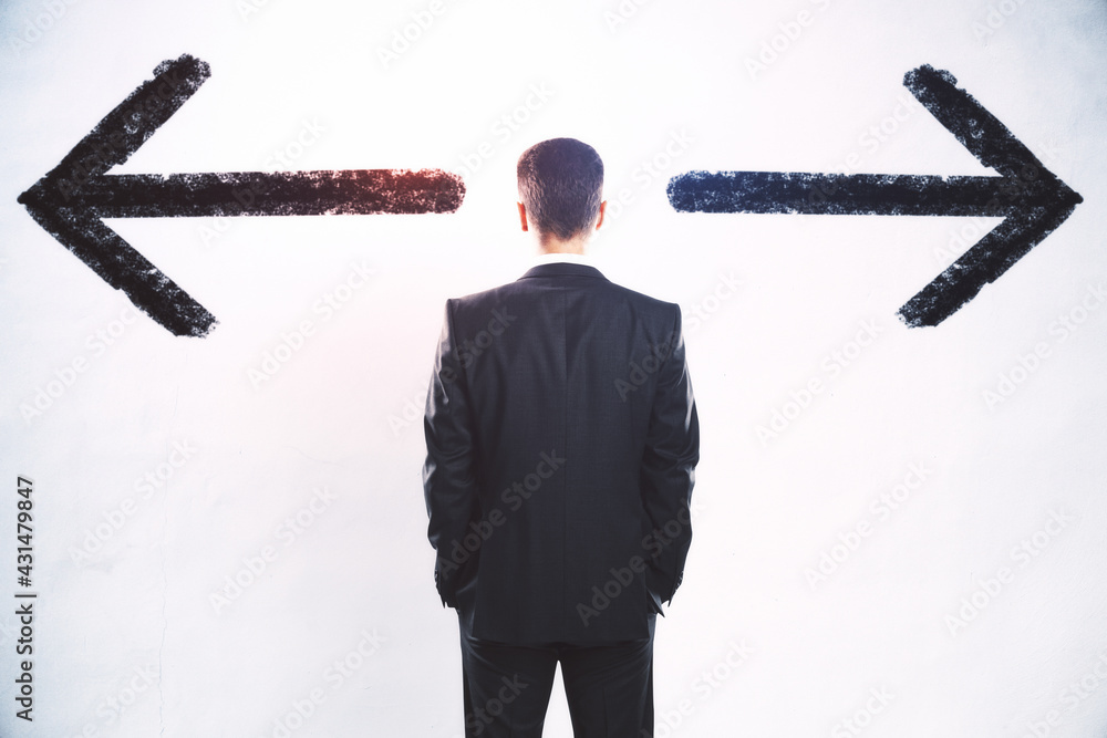 Aufkleber business decision concept with back view on businessman between black arrows directed in different d