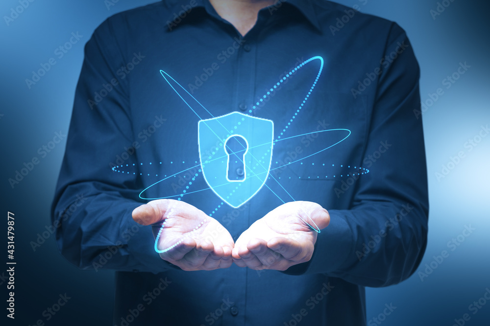 Aufkleber Cyber security and protection concept with digital lock symbol over open man palms.