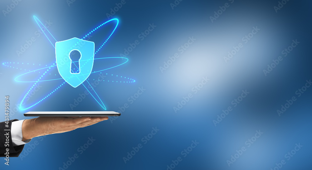 Poster Internet security and safety concept with digital lock sign over digital tablet on abstract blurry background with copyspace for your text. Mock up