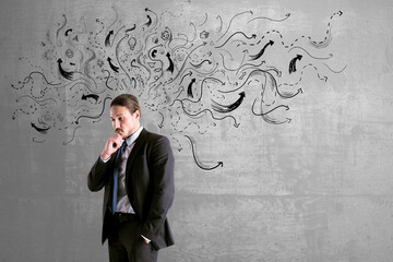 Choice concept with pensive buisnessman on concrete wall background with black arrows directed in...