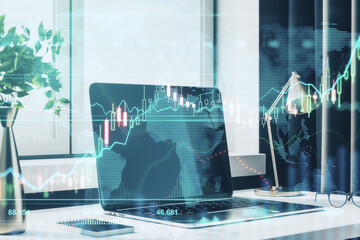 Forex chart concept with growing financial chart graphs and candlestick on home work space background. Double exposure.