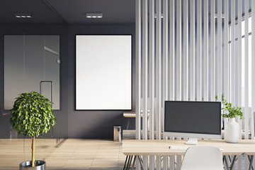 Blank white poster in black frame in stylish office room with eco wooden table with modern monitor and white wooden slatted partition behind. 3D rendering, mock up