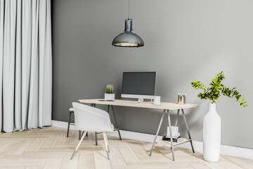 Modern homme office work place with modern computer on wooden table, parquet, white chair and stylish white vase