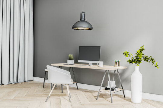 Modern Homme Office Work Place With Modern Computer On Wooden Table, Parquet, White Chair And Stylish White Vase