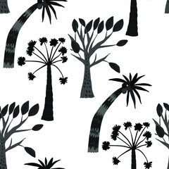 Fototapeta na wymiar Creative seamless pattern with cartoon forest. Bright summer print with tropical leaves. Tropical pattern. Jungle exotic summer print. 