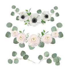 floral wreath, eucalyptus leaves, anemone and ranunculus flowers. Vector template, greeting, wedding card design elements