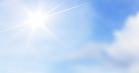 Naklejka na ściany i meble Summer Sunny background, blue sky with sun and lens beam flare