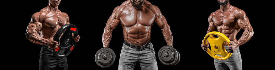 Image of three muscular men with barbell discs. Bodybuilding and fitness concept.